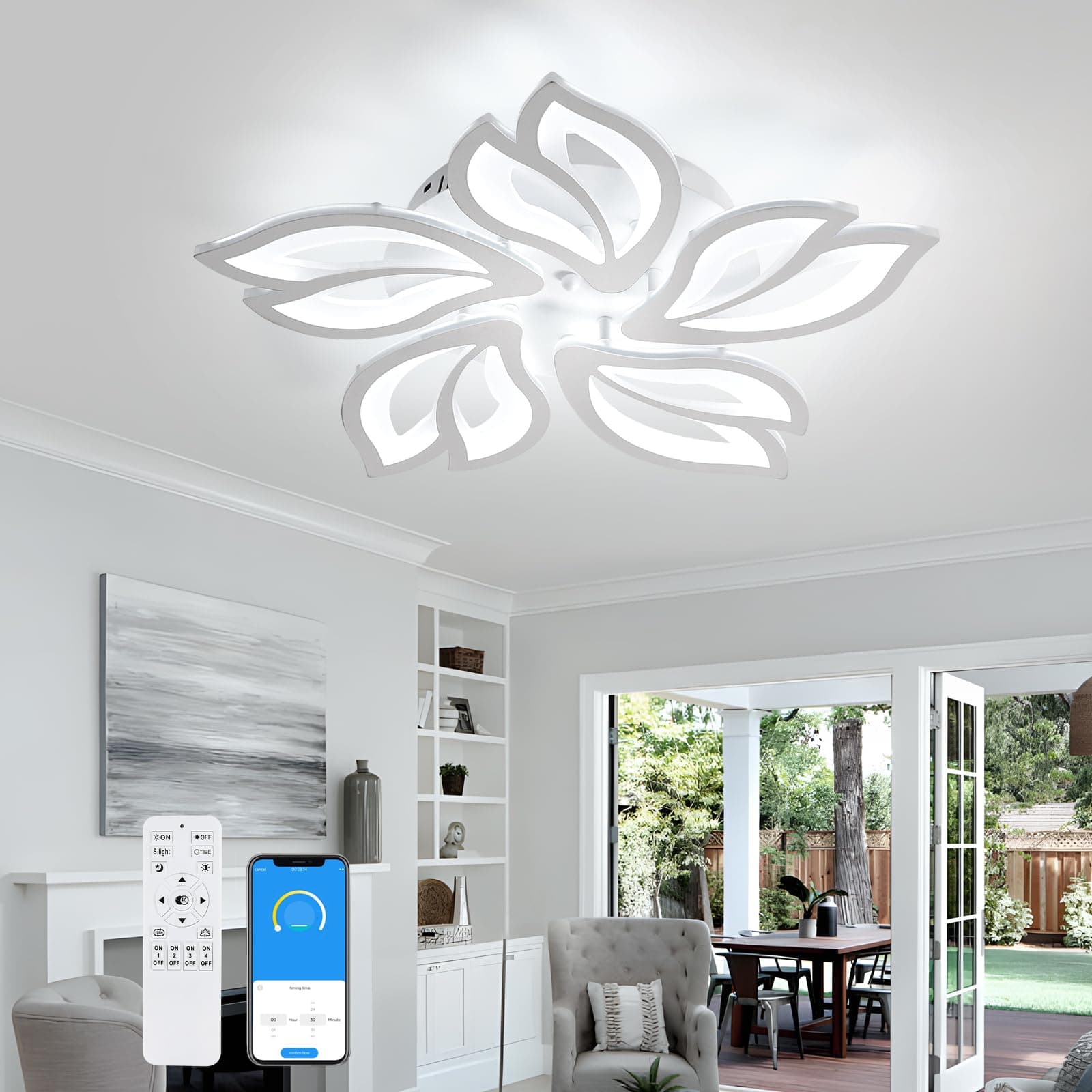Comely LED Ceiling Light Dimmable, 45W Flower Chandeliers Ceiling Light with Remote Control Colour Changing Bedroom Ceiling Lamp, 5 Leaves Modern Ceiling Lighting for Living Room Dining Room