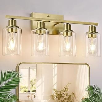 4 Light Bathroom Light Fixtures, Brass Vanity Lights for Bathroom with Clear Glass Shades, Modern Bathroom Wall Sconces for Mirror Living Room Cabinet