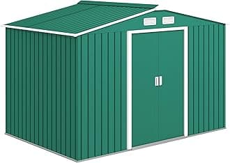 Outsunny 9 x 6ft Metal Garden Shed, Waterproof Outdoor Bike Storage Shed Galvanised with Vents, Foundation Kit, Apex Roof and Lockable Double Doors for Patio Lawn, Green