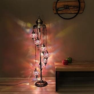 Asylove Turkish Floor Lamp, Mosaic Turkish Lamp, 7 GlobeFloor Lighting Standing Decorative Home Modern Designs Offer Handmade Glass 5 inch Globe - Total Dimensions 18 x 18 x 60 inch (Red)
