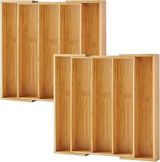 Purawood Kitchen Drawer Organizer, 2 Pack - Expandable Utensil Drawer Organizer for Kitchen, Cutlery Tray & Silverware Organizer, 3-5 Slots - Bamboo Organizer for Utensils & Flatware (Natural)