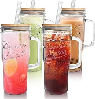 ANOTION Glass Cups with Lids and Straws - 24 oz Tumbler with Handle Christmas Coffee Cups Glass Straws Mason Jar Cups Drinking Set Kitchen Essentials Coffee Bar House Warming Gifts New Home