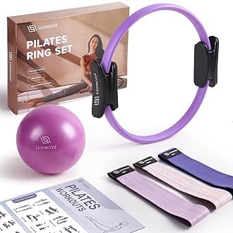 LIONSCOOL Pilates Ring Set - Premium14”Magic Circle with Dual Padded Handles - Includes Pilates Mini Ball & Highly Elastic Resistance Bands & Workout Guide & Bag