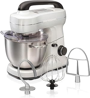 Electric Stand Mixer, 4 Quarts, Dough Hook, Flat Beater Attachments, Splash Guard, 7 Speeds with Whisk, Easy-Carry Top Handle, White