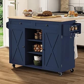 HLR Kitchen Island On Wheels, Blue Rolling Kitchen Island Cart with Solid Wood Drop Leaf Prep Table, Barn Door Kitchen Islands with Storage Cabinet and Tower Rack, Island Table for Kitchen
