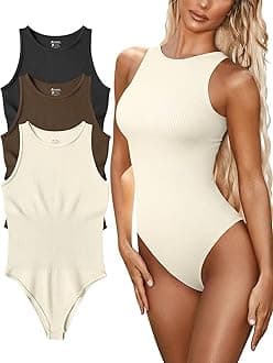 FUNNYBSG Womenâ€™s Sexy Ribbed Bodysuit Tops - 3 Piece Sleeveless Halter Neck Bodysuits with Tummy Control (Color : Black Coffee Beige, Size : L)