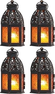 DECORKEY Decorative Moroccan Candle Lantern,9’’ Metal Hanging&Tabletop Lantern Candle Holder Decor, Halloween Christmas Ramadan Decorations for Home Indoor Outdoor Patio (Amber)