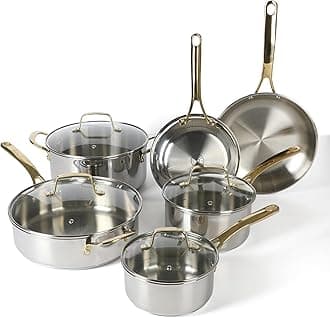 Martha Stewart Castelle 10 Piece Stainless Steel Induction Safe Pots and Pans Non-Toxic Kitchen Cookware Set - Gold Handles