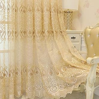 1 Pair European Jacquard Sheer Curtains Embroidered Tulle Curtains Living Room Bedroom Luxury Translucent Window Screening (Gold,63x108 Inch)