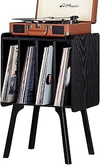 LELELINKY Small Record Player Stand - Width 11.7 in, Black Vinyl Record Storage Table with 4 Cabinet Up to 80 Albums, Vinyl Holder with Wood Legs,Turntable Stand Display Shelf for Bedroom Living Room