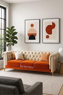 Modern Classic 3 Seater Sofa Couch Fabric & Valvet Tufted Chesterfield Sofa Living Room and Office (Orange & Beige 3 Seater)