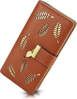 Women's Wallet Women Credit Card Holder Hollow Leaf Pattern Bifold Leather Lady Long Wallet Purse Zip Birthday Xmas Gifts for Women Girls(Brown)