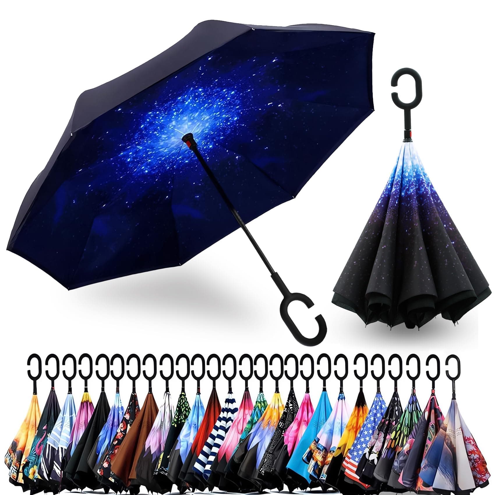 Spar. Saa Double Layer Inverted Umbrella with C-Shaped Handle, Anti-UV Waterproof Windproof Straight Umbrella for Car Rain Outdoor Use