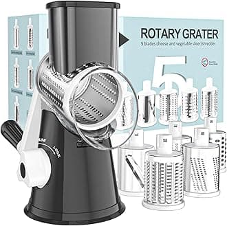 Cambom 5 in 1 Rotary Cheese Grater Hand Crank Cheese Shredder for Fresh Cheese, Vegetable, Nuts,Non-slip Suction Base, Black