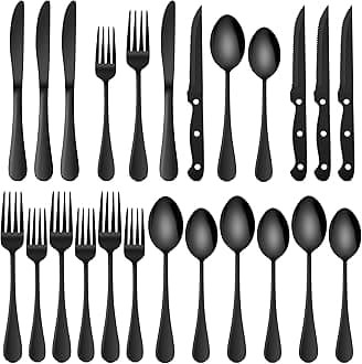 HaWare 24-Piece Black Silverware Set with Steak Knives, Stainless Steel Cutlery Set, Food Grade Flatware Set Service for 4, Mirror Finished Tableware for Home Restaurant, Include Knives, Forks, Spoons