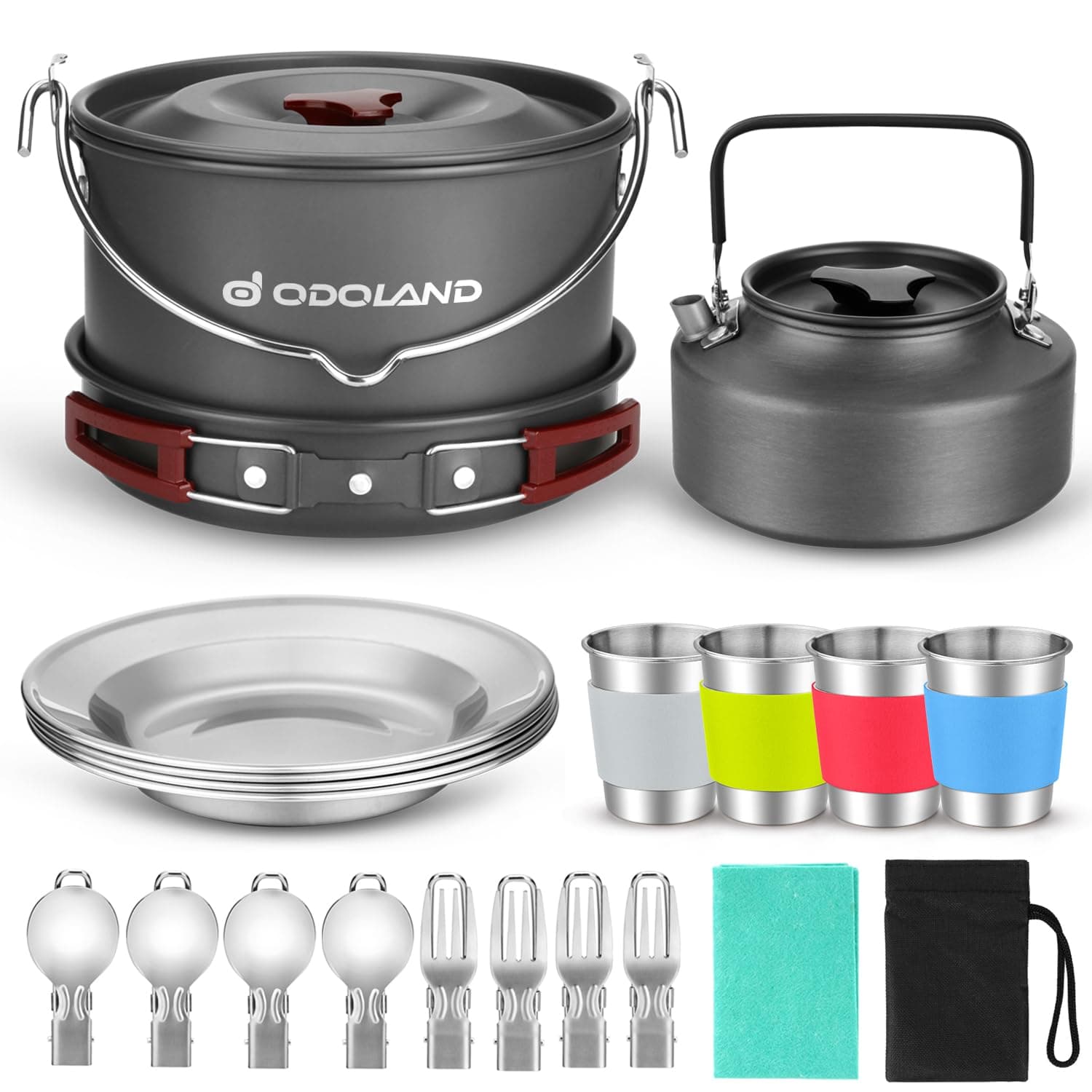 22pcs Camping Cookware Mess Kit, Large Size Hanging Pot Pan Kettle with Base Cook Set for 4, Cups Dishes Forks Spoons Kit for Outdoor Camping Hiking Picnic