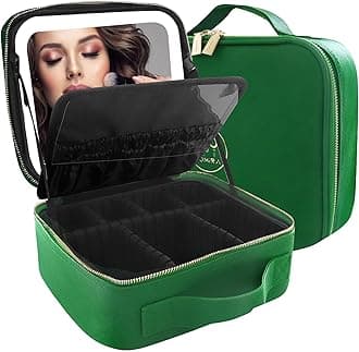MOMIRA Travel Makeup Bag Cosmetic Bag Makeup Organizer Bag with Lighted Mirror, Adjustable Brightness in 3 Color Scenarios, Waterproof Makeup Train Case, Gift for Women - Emerald Green