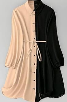 Women's Colorblock Shirt Dress | Long Sleeve Belted Tunic | Stylish Casual Wear
