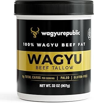 - Wagyu Republic Beef Tallow ⎸ Grass Fed Wagyu Beef Tallow, Great for Cooking Steak or as Tallow Balm ⎸ Keto, Gluten Free Protein Snacks for Adults, Perfect for Whole 30 or Carnivore Diet ⎸32oz Jar