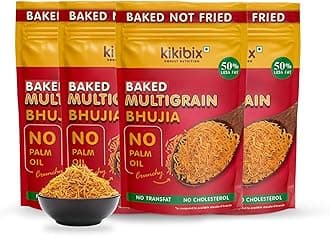 Kikibix Baked Multigrain Bhujia Namkeen, Healthy Snacks for adults & kids, Low Fat, Low Calories, High Protein Bhujiya Diet Mixture for diabetics- No Palm Oil, Baked Not Fried - Pack of 4