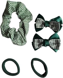 Gingham Hair Accessories for School Alice Band Slim Headband Scrunchy Clips (Green 5 piece Gingham School Hair Set)