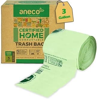 ANECO 100% Compostable Trash Bags 3 Gallon, 100 Count, Extra Thick Compost Bags for Countertop Bin, Small Compost Bag, Food Waste Bags with TUV OK Compost Home and BPI certified
