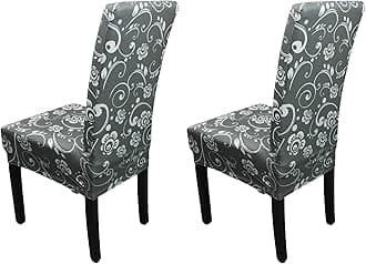 Printed High-Back Chair Covers for Dining Room Chairs – Spandex Stretch, Universal Armless Chair Protective Slipcover for Kitchen, Wedding, Party, Banquet & Hotel, Eye Floral - Grey, Pack of 2