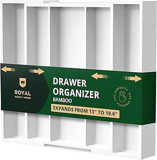 ROYAL CRAFT WOOD Luxury Bamboo Kitchen Drawer Organizer - Silverware Organizer - Utensil Holder and Cutlery Tray with Grooved Drawer Dividers for Flatware and Kitchen Utensils (5 Slot, White)
