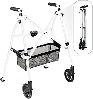Stander Wonder Walker Plus, Lightweight Folding Mobility Aid for Adults, Seniors, and Elderly, Collapsible Travel EZ Fold-N-Go with Wheels, Glides, & Basket, Vivid White