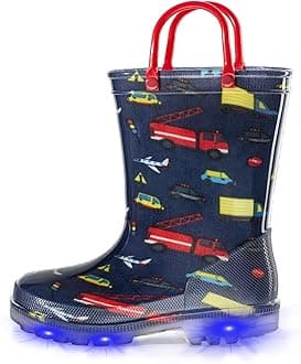 EUXTERPA Toddler Kids Waterproof Light Up Rain Boots Patterns and Glitter Boots with Handles for Boys Girls