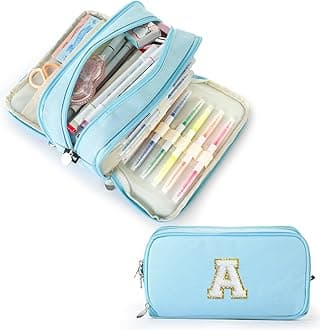 Extra Large Capacity Pencil Case 3 Compartment Initial Pencil Pouch Personalized Cute Aesthetic Stationery Pen Case Bag for School Teen Girl Boy Men Women Gift (A, Blue)