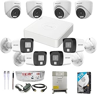 HIKVISION Full HD 8 Channel DVR, 2 MP 4 Outdoor & 4 Indoor Cameras [COLOR NIGHT VISION + BUILT-IN AUDIO MIC + SMART DUAL LIGHT + MOTION DETECTION]+2 TB HDD + 8 Ch SMPS, USEWELL Cable+BNC/DC Set, WHITE