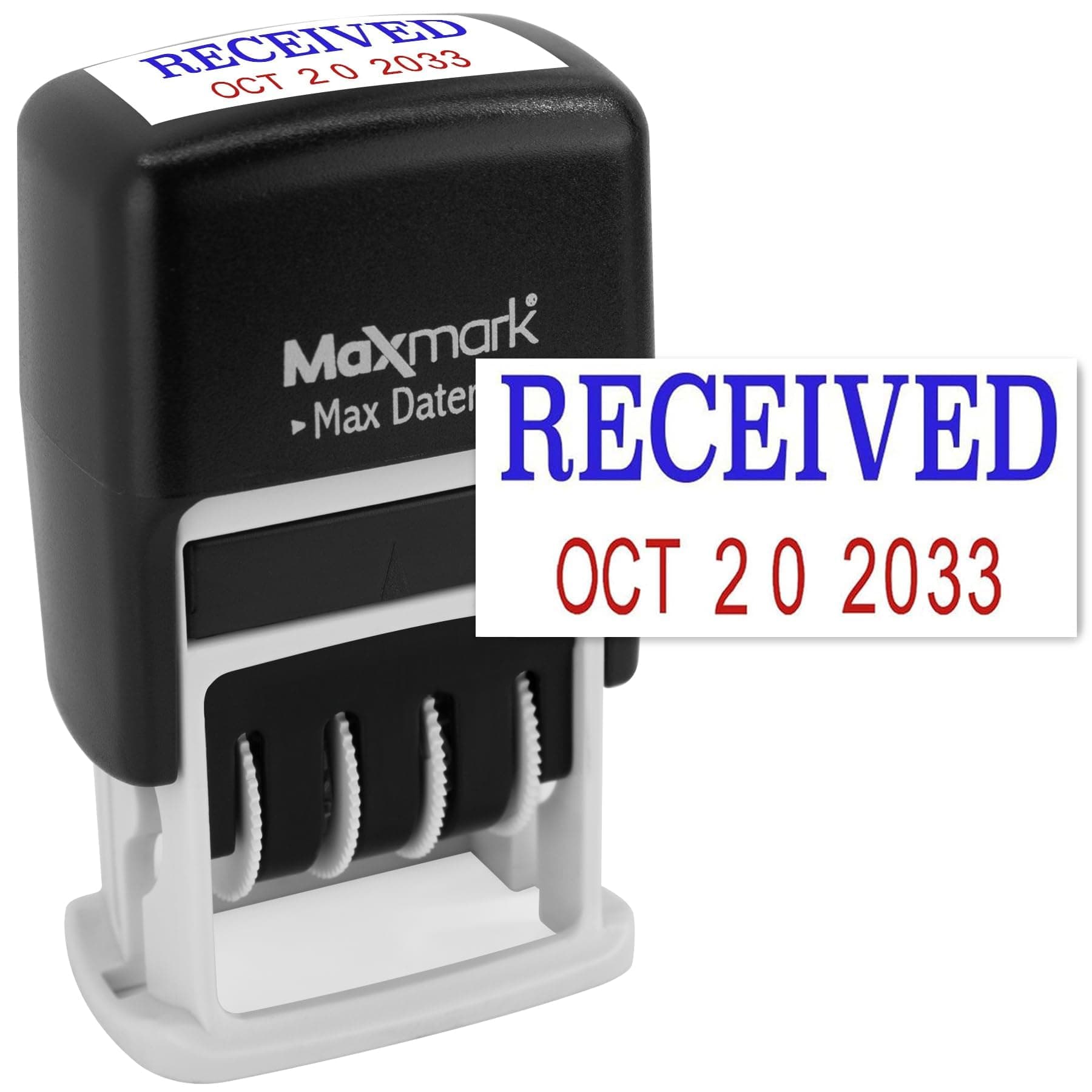 MaxMark Self-Inking Rubber Date Office Stamp with Received Phrase Blue Ink & Date RED Ink (Max Dater II), 12-Year Band