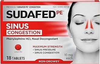 Sudafed PE Congestion, Maximum-Strength Sinus Pressure and Nasal Congestion Relief, 18 Count