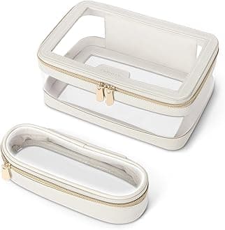 Soimeat Travel Clear Makeup Bag with Makeup Brush Bag, Leather Makeup Case Toiletry Bag, Portable Cosmetic Bag Case, Transparent Waterproof Cosmetic Organizer Storage Bag for Women, Medium, Off-White