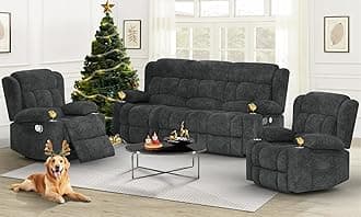 Loveseat Recliner Sofa Set, Flip Middle Backrest Design 3 Seater Reclining Sofa and 2PC Single Oversized Recliner Chair, Manual Couches for Living Room/RV (Gray,3+1+1)
