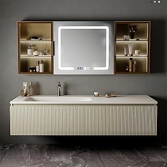 Bathroom Vanity - Stylish Bathroom Vanity with Sink Include Smart LED Defog Mirror ＆ Large Capacity Cabinet, Floating Solid Wood Bathroom Vanity (56''), Light Gold