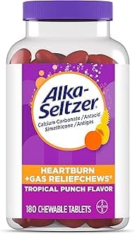 Alka-Seltzer Heartburn Relief and Gas Relief Chews Antacid Tablets for Acid Indigestion Bloating and Pressure, 180 Count, Tropical Punch