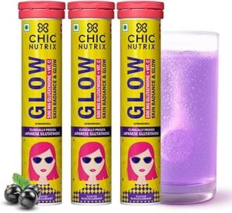 Glow Glutathione Effervescent Tablets with Vitamin C |Japanese Glutathione 500mg For Radiant, Even-Toned and Glowing Skin | Sugar-Free| Blackcurrant Flavour | 20 Tablets (Pack of 3)