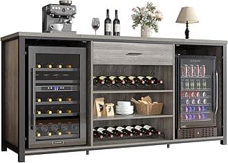 LVB Large Coffee Bar Cabinet with Fridge Space, Long Wood Metal Liquor Cabinet with Refrigerator Storage, Farmhouse Wooden Wine Cabinet with Drawer for Dining Room Kitchen, Light Grey Oak, 70.9 Inch