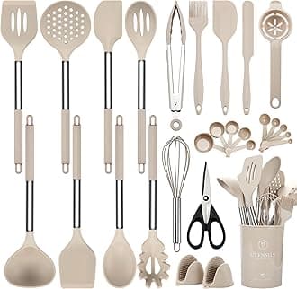 Cooking Utensils Set, 28 Pcs Silicone Kitchen Utensils Set with Holder, Silicone Whisk, Spatulas, Scissors, Measuring Cups and Spoons Set with Stainless Steel Handle Kitchen Gadgets (Khaki)