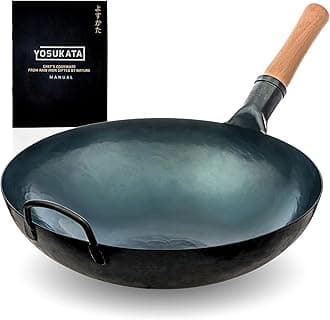 YOSUKATA Blue Round Bottom Wok Pan – 14" Woks and Stir Fry Pans - Chinese Hammered Pow Carbon Steel - Traditional Chinese Japanese Woks (14", Blue)