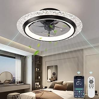 KINDLOV Modern Ceiling Fans with Lights, 19.7" Flush Mount Ceiling Fan with Dimmable Light and Remote,6-Speed Wind for Bedroom,Living Room,Low Profile Ceiling Fan with Light,Black