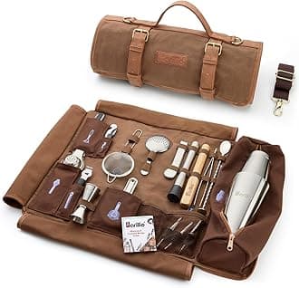 Barillio Bartender Kit Bag with Cocktail Shaker Set - Waxed Canvas, Traveling Bar Tools Bag with 17-Pc Cocktail Kit - Travel Mixology Bartending Kits - Mobile Bar Roll with Strap & Accessories