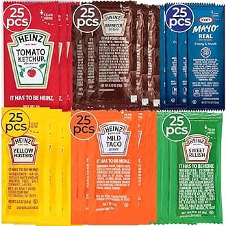 Condiment Packets Variety Pack Bundle - 150 Individual Condiment Packets for Heinz Lovers, 25 Single Serve Packs of Each: Mustard, Mayo, Sweet Relish, Mild Taco, Barbecue Sauce and Ketchup Packets