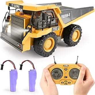 KidsFaves Remote Control Dump Truck Toys 9 Channel 2 Batteries RC Construction Toy Vehicles with Metal Bed Lights/Sounds, Birthday Gifts for Boys Age 3+