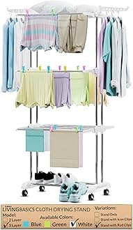 LIVINGBASICS 18 Clips with 3 Layer Cloth Drying Stand for Balcony/Cloth Stand for Drying Clothes Foldable/Stainless Steel Dryer Rack (Snow White, 66 x 174 x 74 cm)