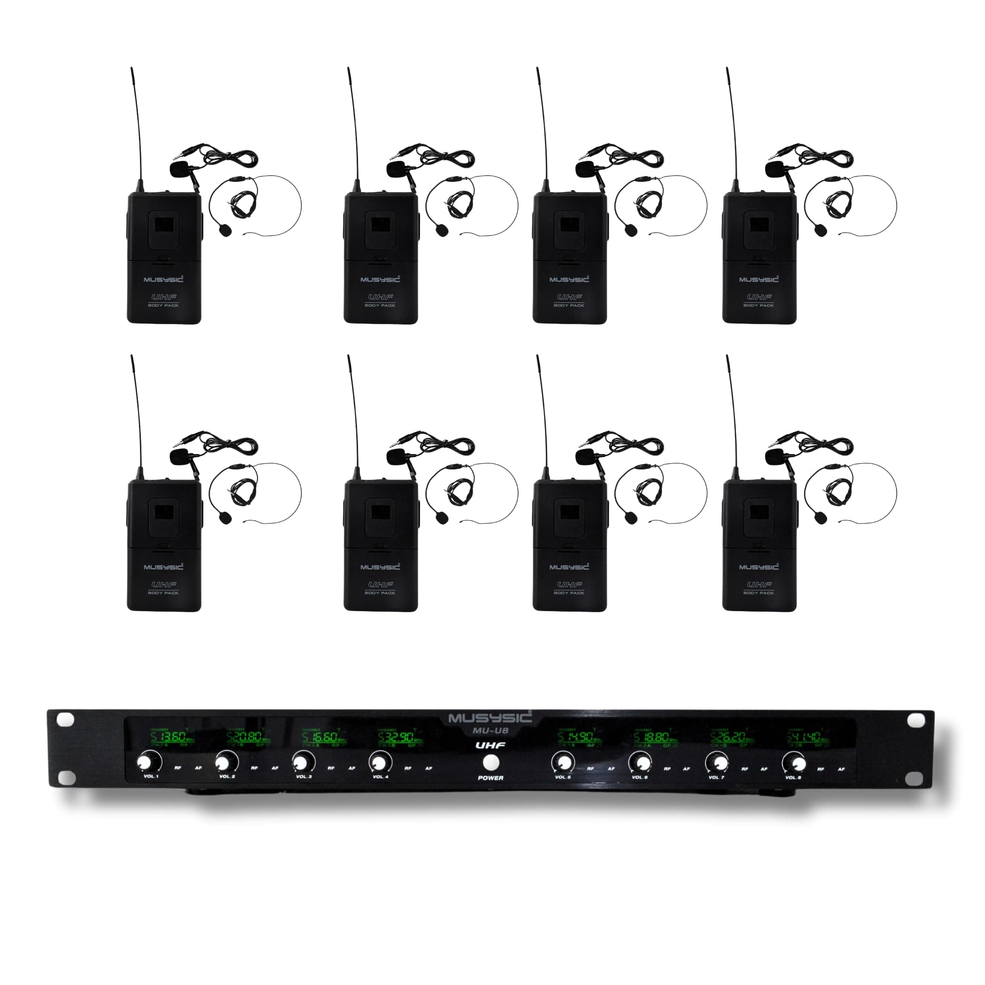 MUSYSIC8-Channel Professional Wireless UHF Microphone System, 300ft Range Fixed Frequency Bodypack Headset/Lapel Microphones for Singing, Karaoke, Church, DJ (Frequency Set 2)