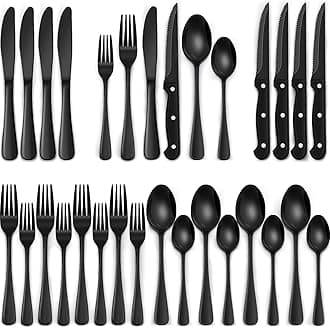 EWFEN 24-Piece Black Silverware Set with Steak Knives, Black Flatware Set for 4, Food-Grade Stainless Steel Tableware Cutlery Set, Mirror Finished Utensil Sets for Home Restaurant