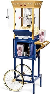 Nostalgia Popcorn Maker - Professional 8oz Kettle Trolley for Up to 32 Cups - Vintage Movie Style Popcorn Maker - Navy & Gold